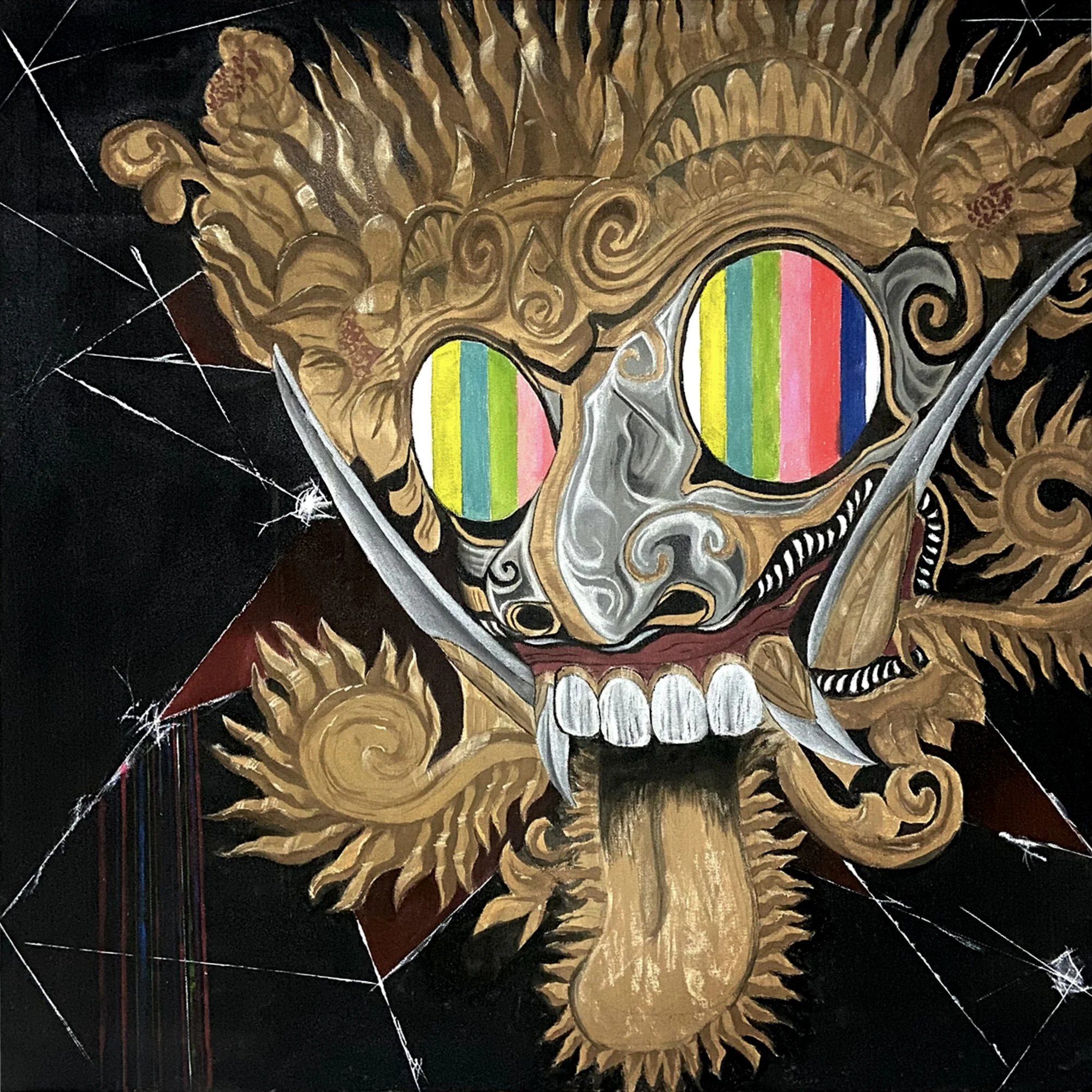 The Breakthru, a colorful traditional mask painting on canvas
