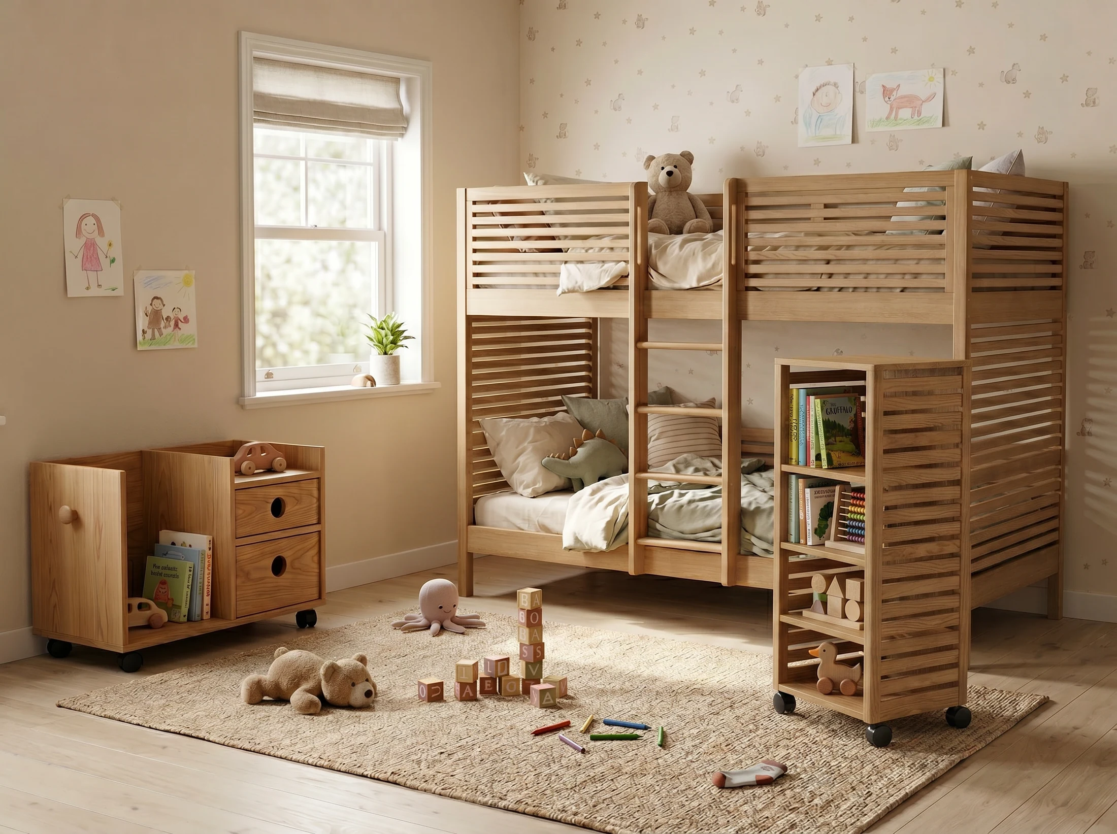 Aspire furniture by Actus Japan in a warm toddler bedroom with a bunk bed and storage