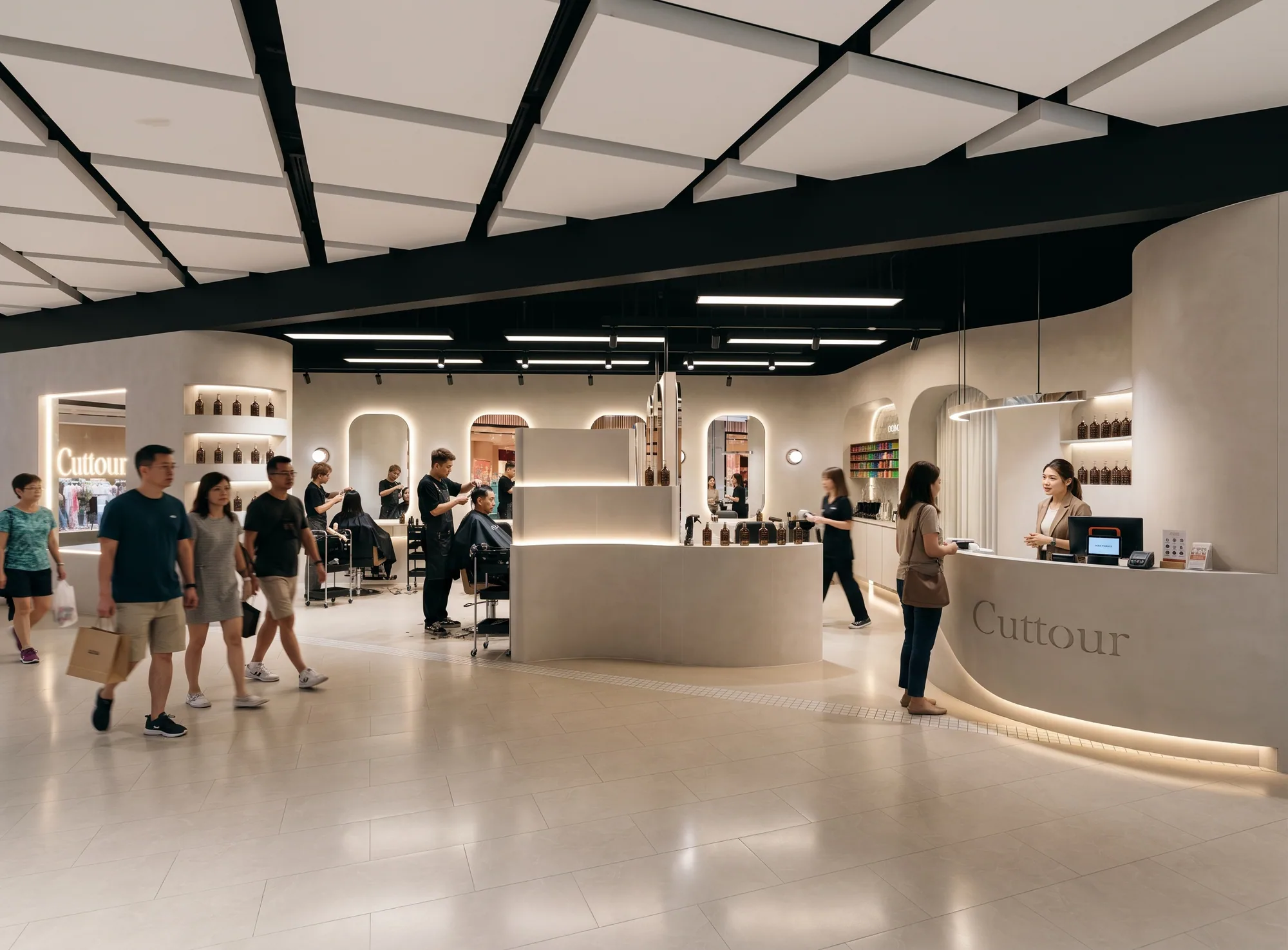 Cuttour Hair Studio in Singapore, with a sculptural reception desk and warm illuminated salon stations