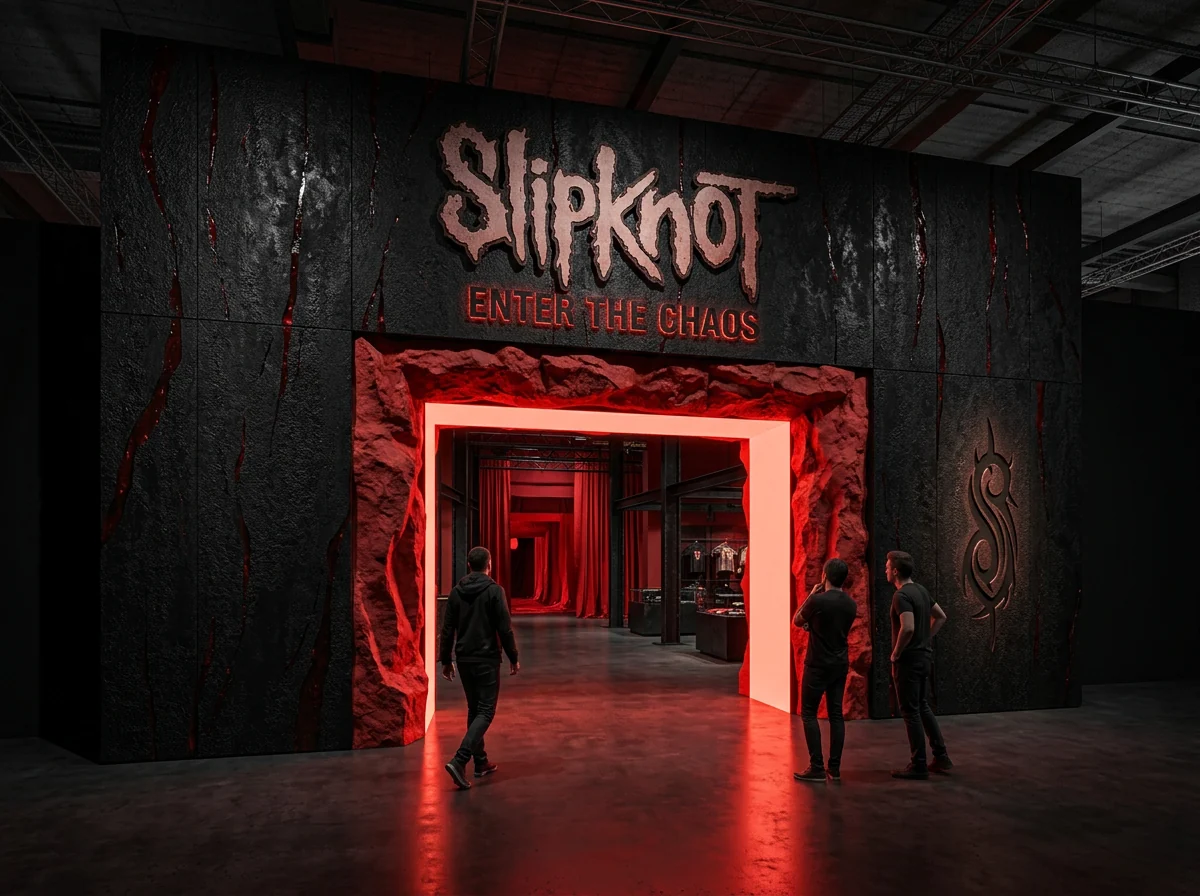 Enter the Chaos, a red-lit Slipknot merchandise activation entrance framed by dark, textured walls