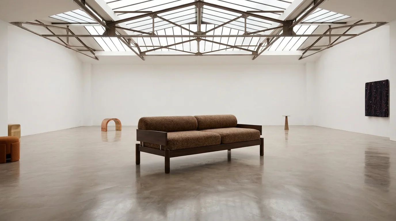 Facelift sofa by Westwing displayed beneath a glazed industrial roof in a gallery setting