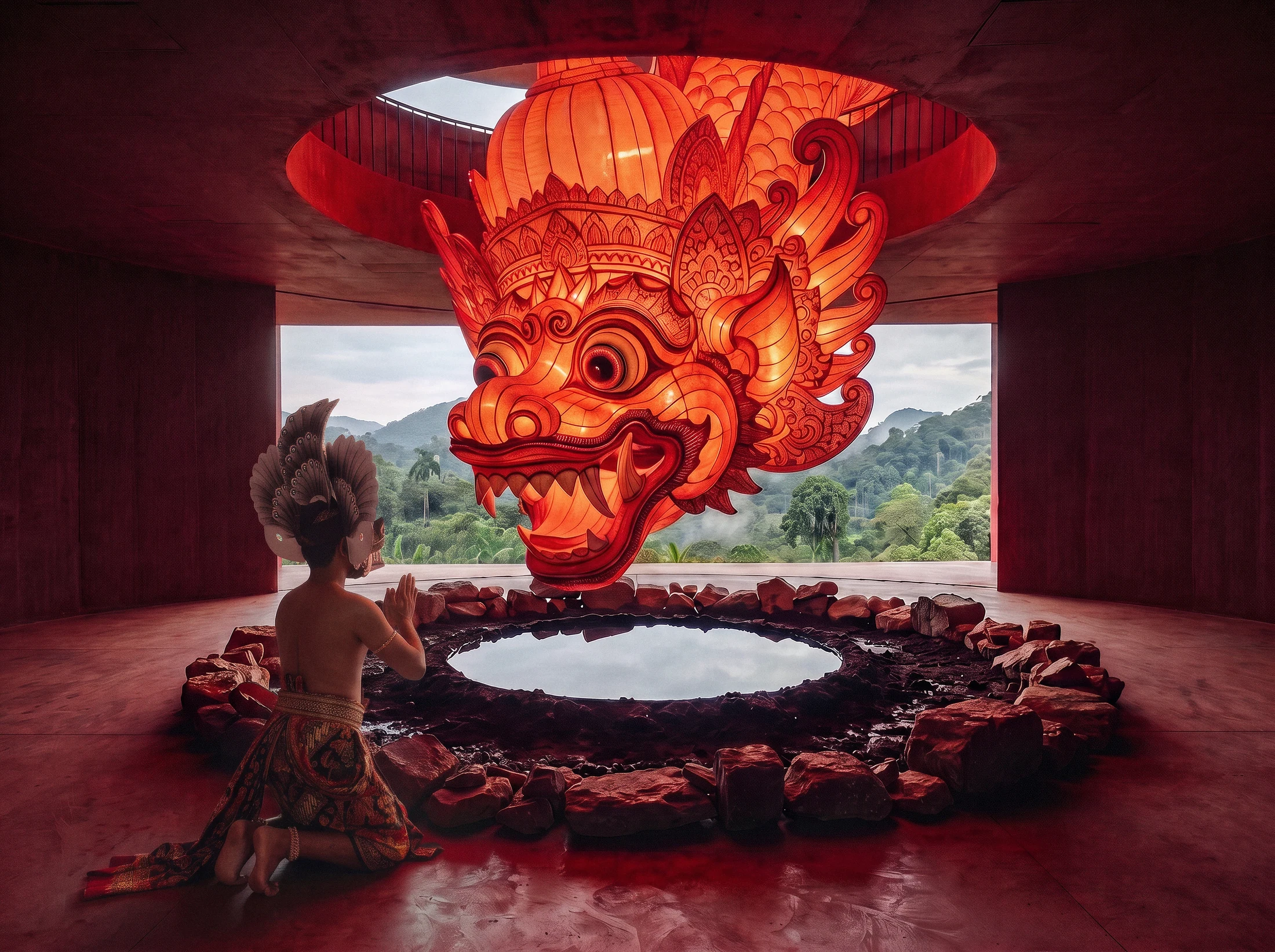 Manik Angkeran immersive chamber with a monumental illuminated figure and a dancer