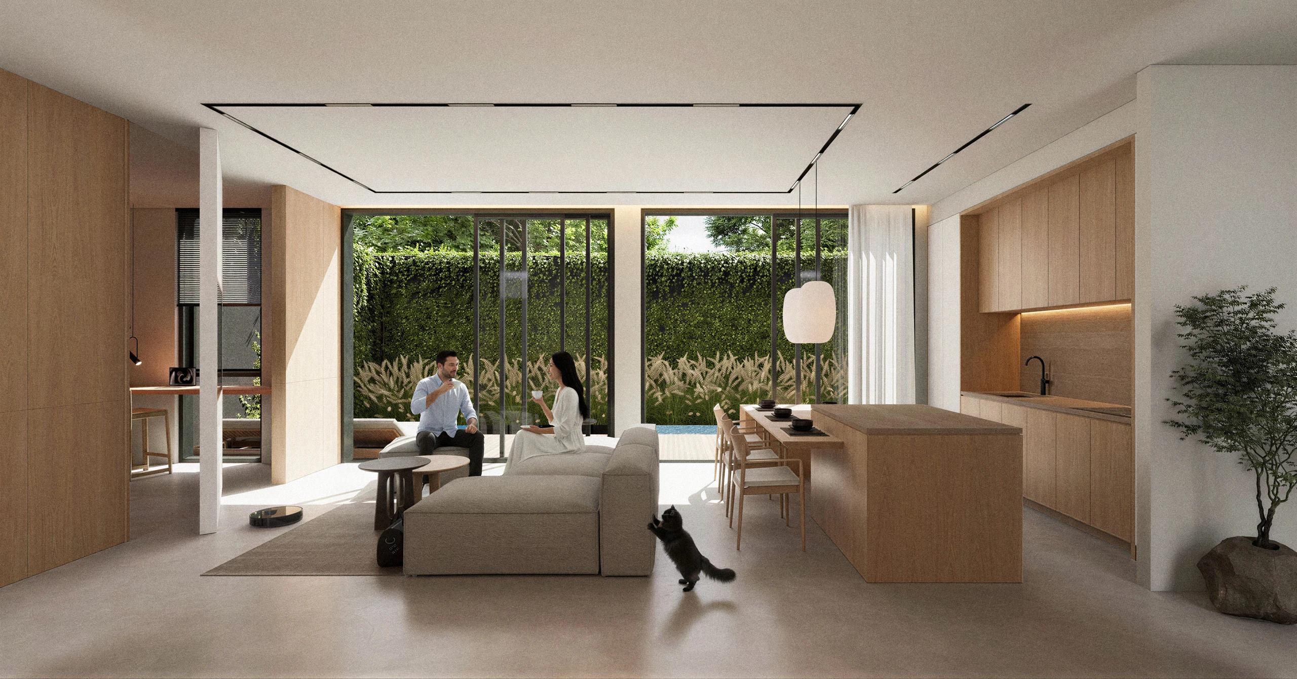 Open-plan living and dining interior with timber finishes and a garden view for OMO Property in Bali