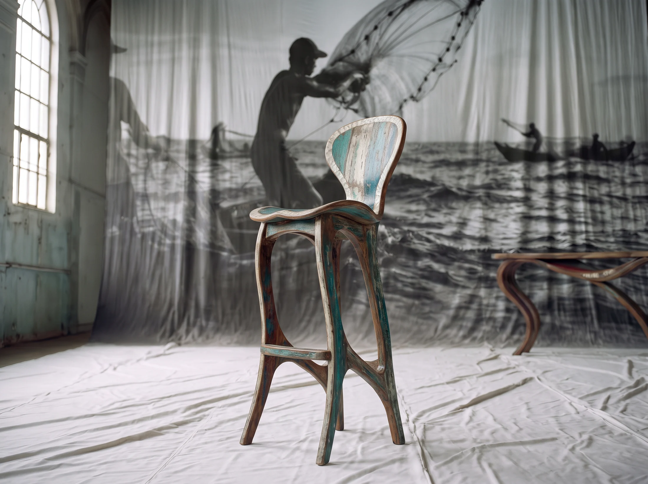 SEE furniture campaign concept using reclaimed boat timber and scallop shells, staged in a maritime-inspired exhibition