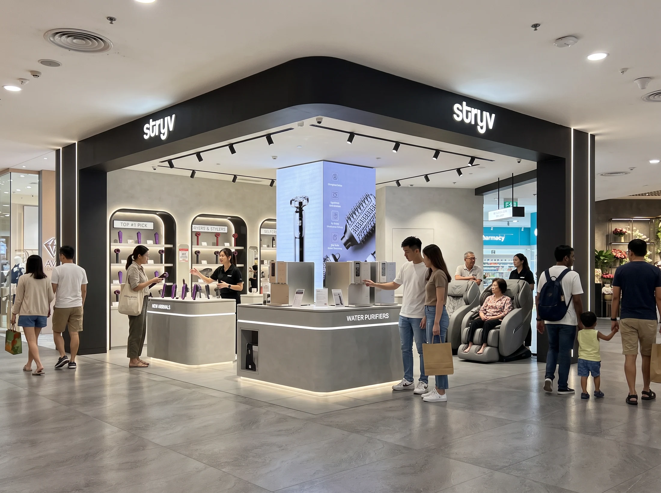 Stryv retail store interior in Singapore, with a dark fascia and illuminated product displays