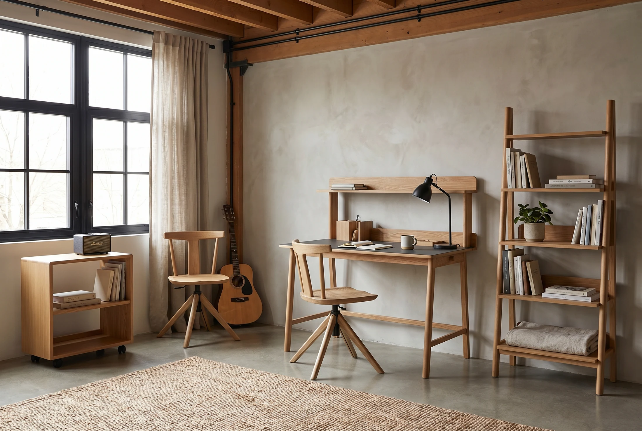 Theo Series desk, chair, and shelving by Actus Japan in a warm interior